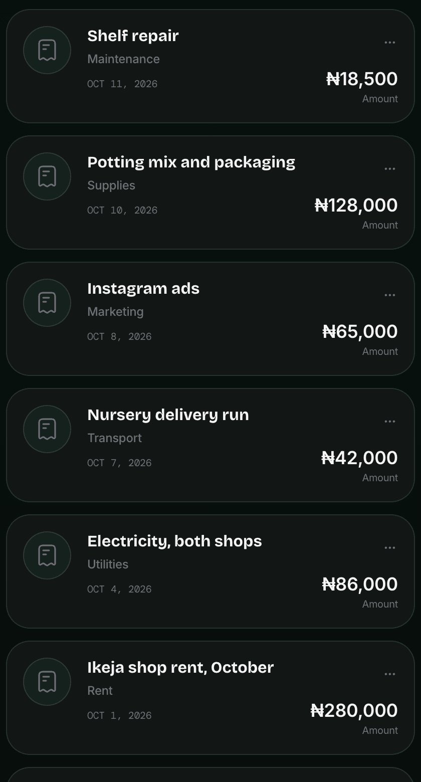 Expense records by category with amounts and dates