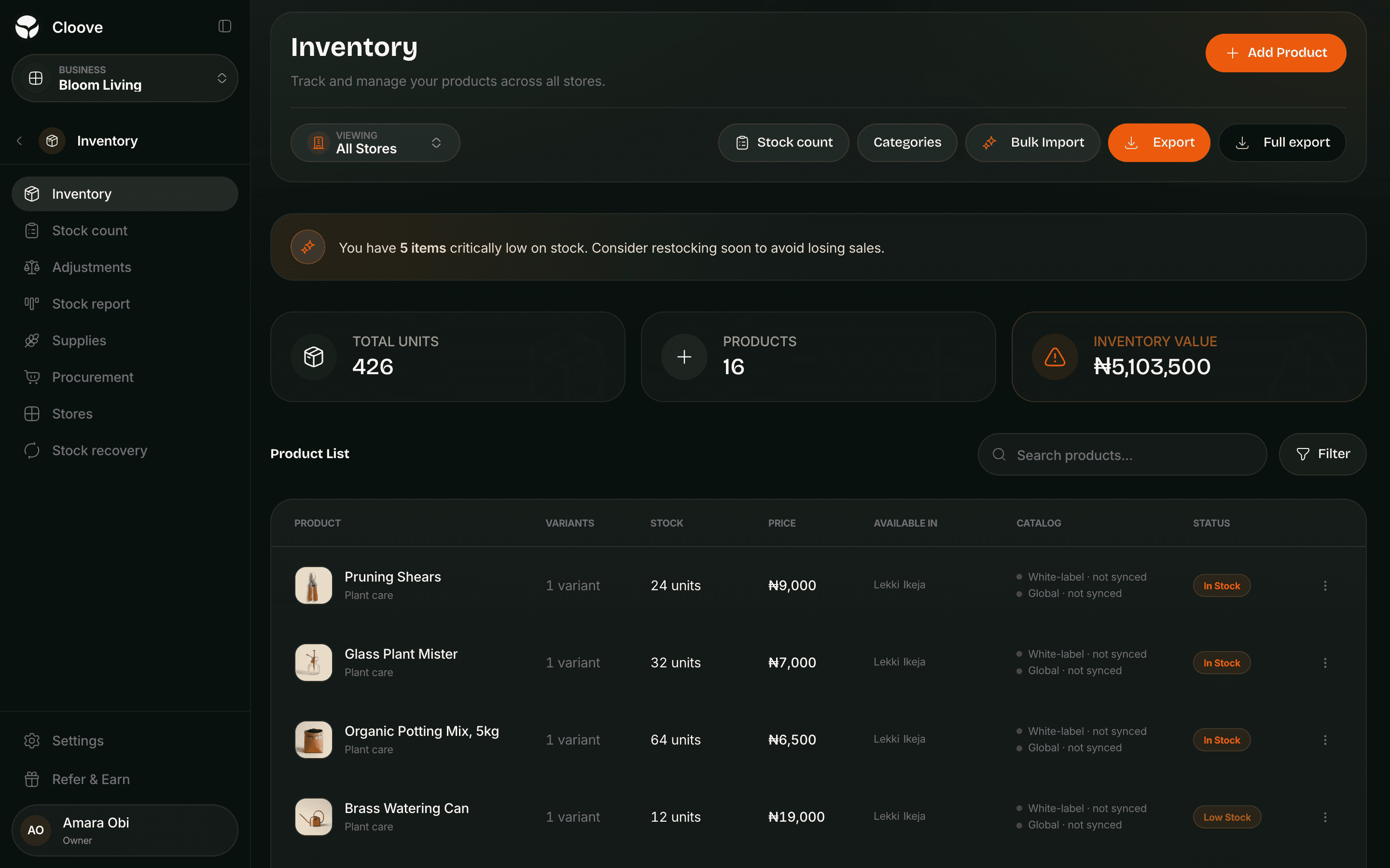 The inventory list with units on hand, inventory value and low stock flags