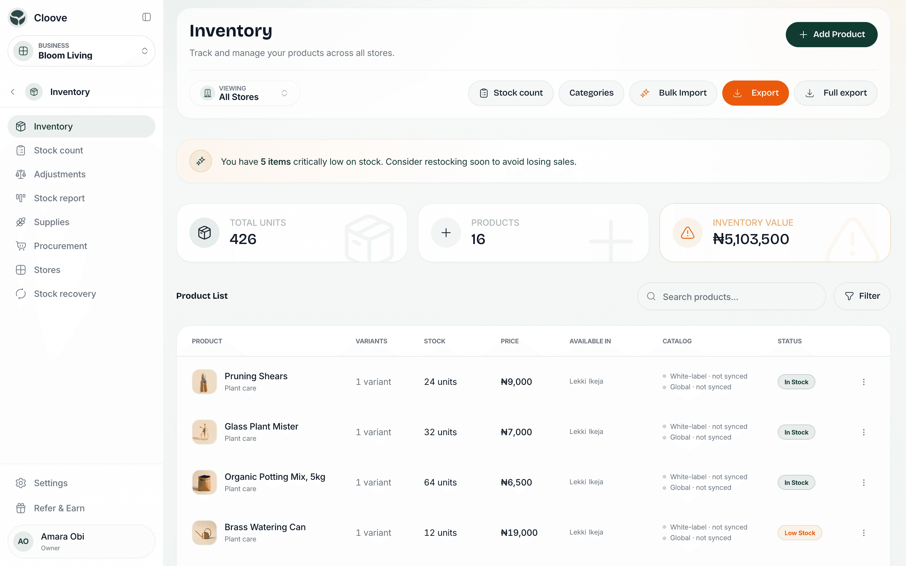 The inventory list with units on hand, inventory value and low stock flags