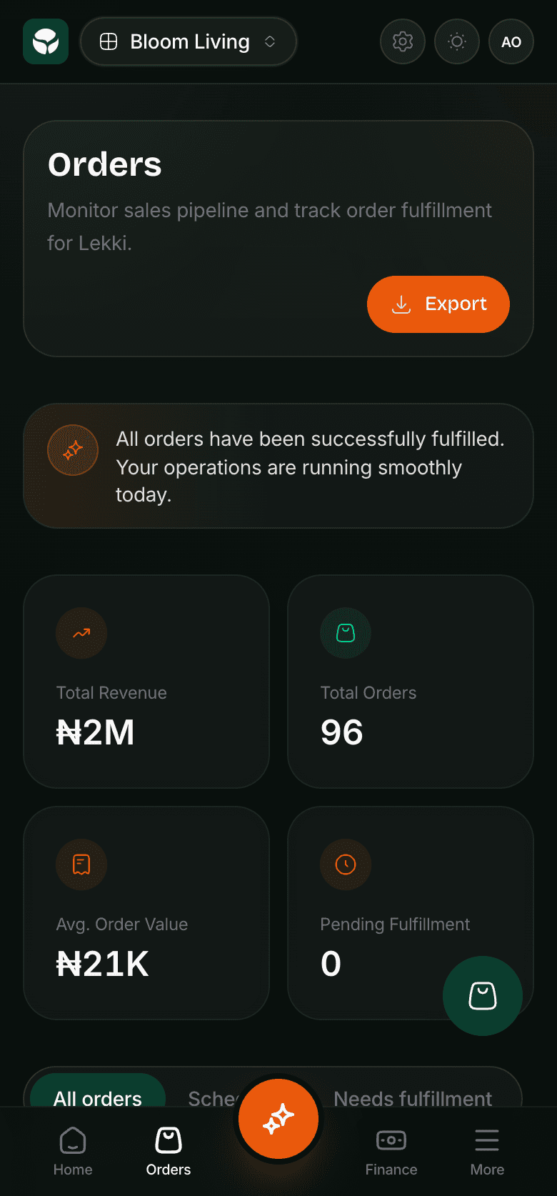 Orders on a phone, with revenue and order counts