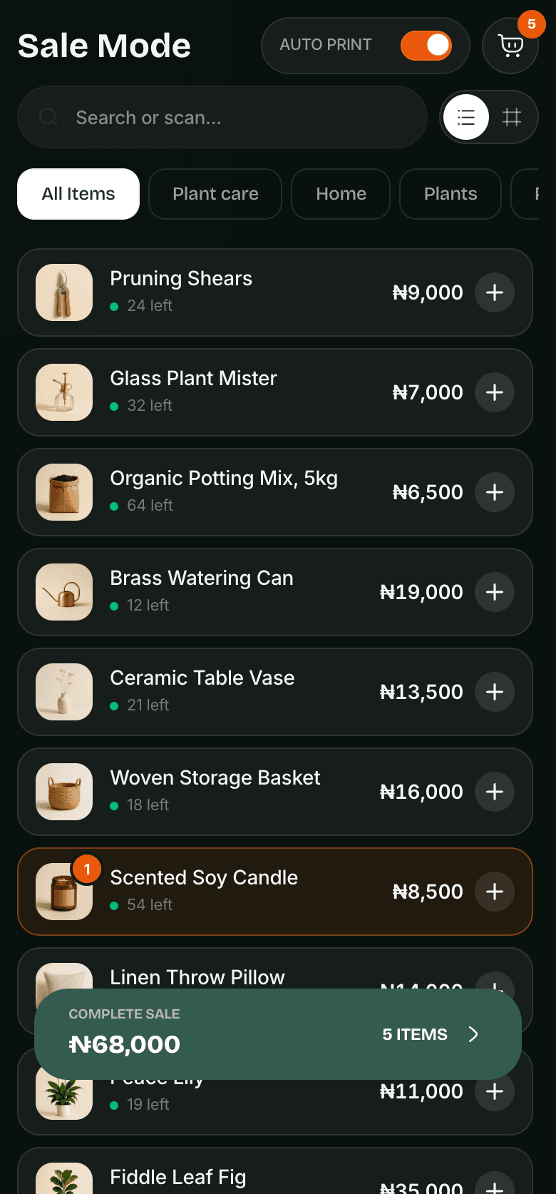 Sale Mode on a phone, with the catalog and a sale ready to complete