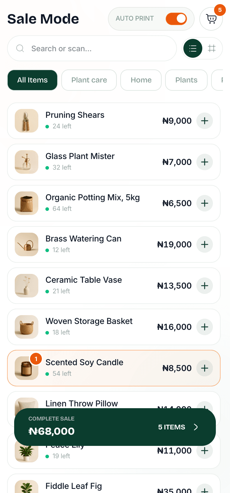 Sale Mode on a phone, with the catalog and a sale ready to complete